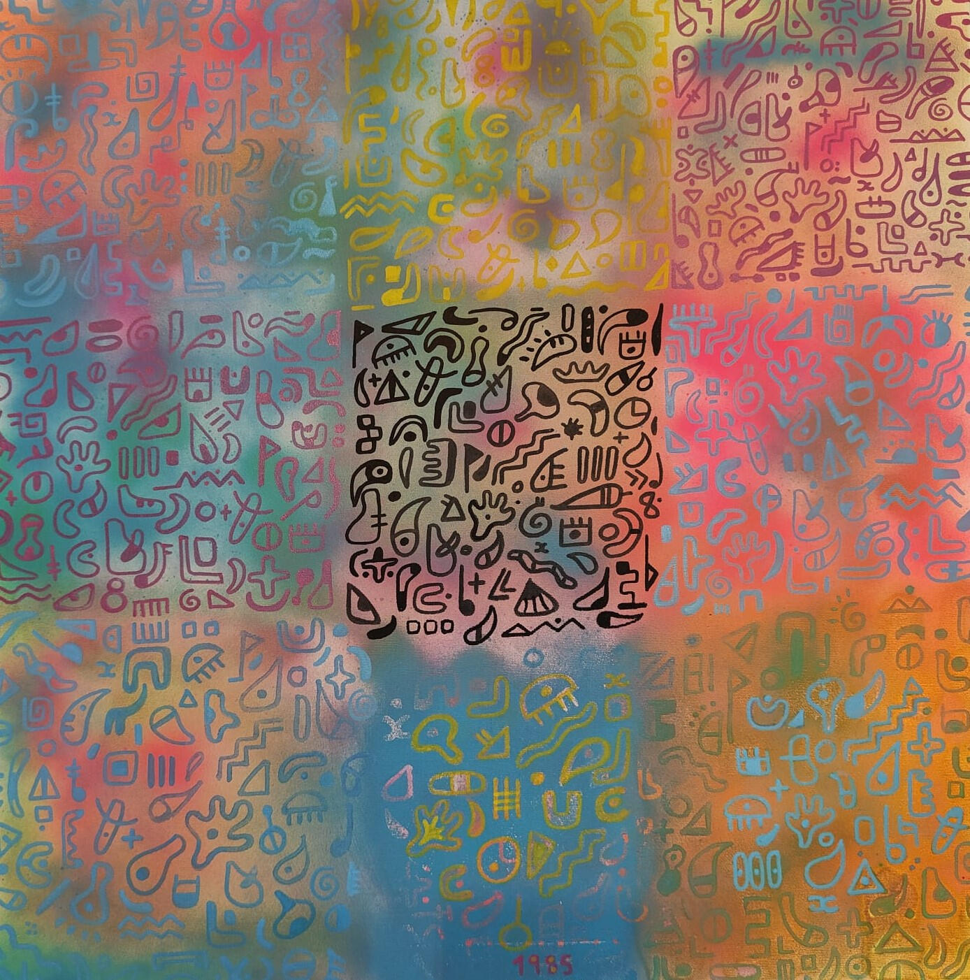 "1985", 70cm x 70cm, Acrylic and spray paint on canvas.